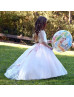 Elbow Sleeves Beaded Lace Tulle Buttons Back Flower Girl Dress